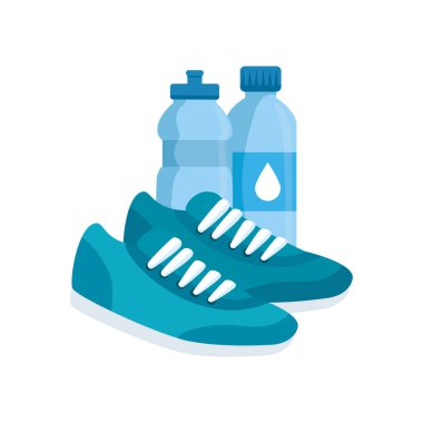 Spor ayakkabılarıyla su şişesi.