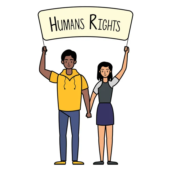 Young interracial couple with human rights label — Stock Vector