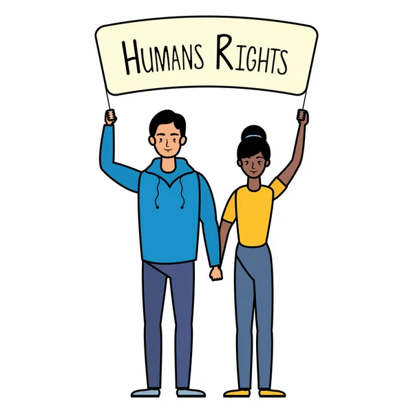Jovem casal interracial com rótulo de direitos humanos —  Vetores de Stock