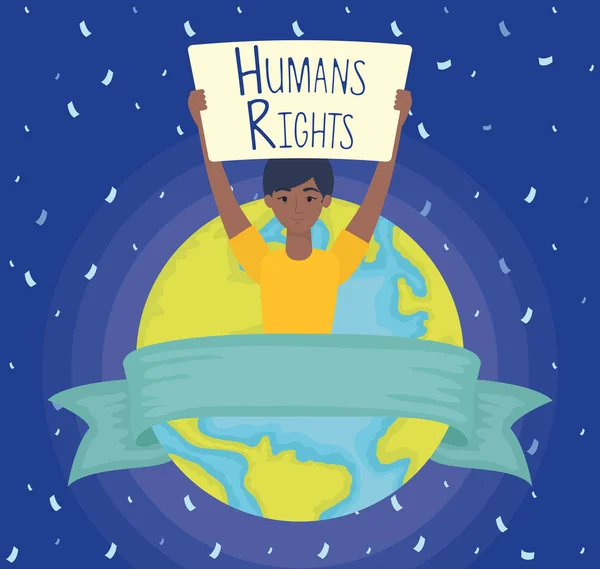 Afro joven mujer con etiqueta de derechos humanos y planeta tierra — Vector de stock