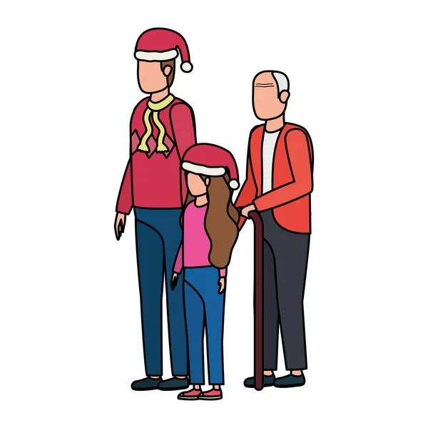 Χαριτωμένος παππούς με το νεαρό γιο και την εγγονή χρησιμοποιώντας το καπέλο Χριστουγέννων — Διανυσματικό Αρχείο