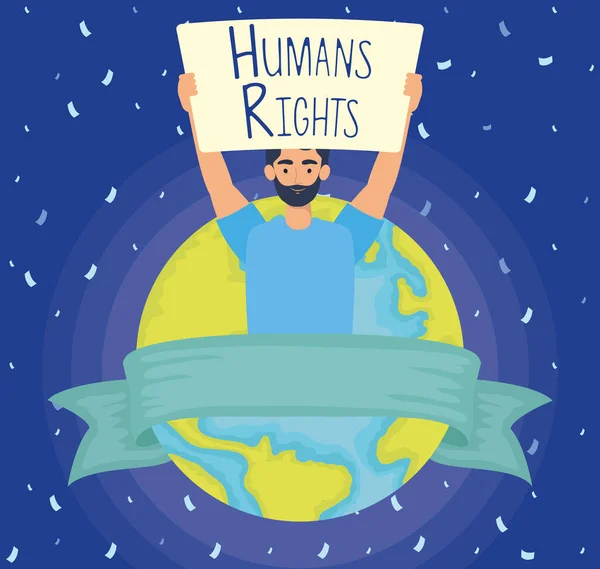 Young man with human rights label and world planet — Stock Vector