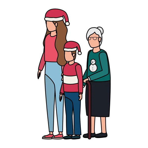 Grand-mère avec fille et petit-fils en utilisant le chapeau de Noël — Image vectorielle