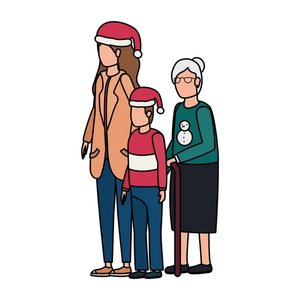 Großmutter mit Tochter und Enkel mit Weihnachtsmütze — Stockvektor