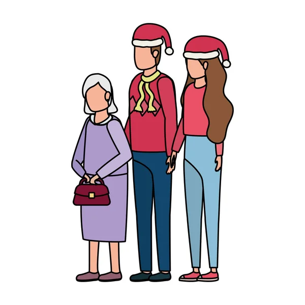 Linda abuela con joven pareja usando sombrero de Navidad — Archivo Imágenes Vectoriales