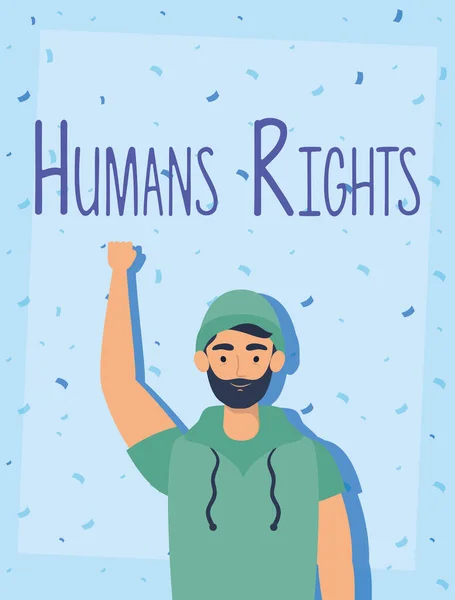 Joven con carácter de etiqueta de derechos humanos — Vector de stock