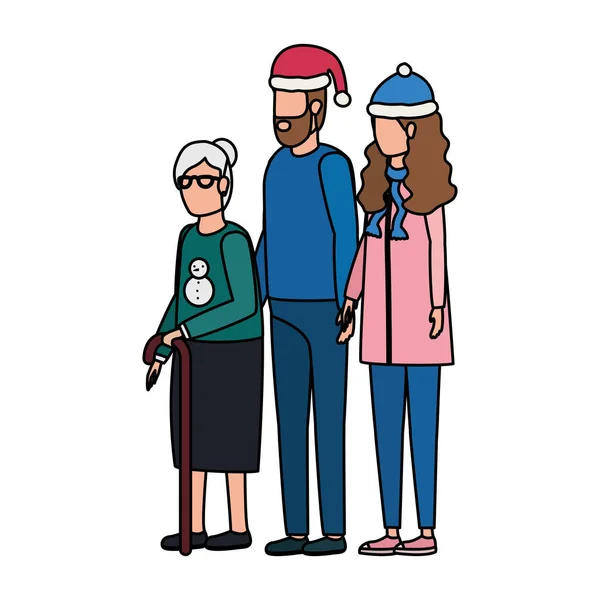 Niedliche Großmutter mit jungem Paar mit Weihnachtsmütze — Stockvektor