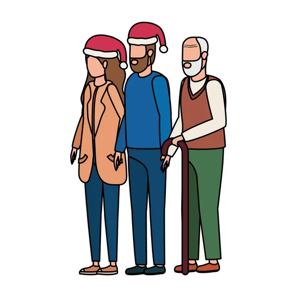 Mignon grand-père avec jeune couple en utilisant chapeau de Noël — Image vectorielle