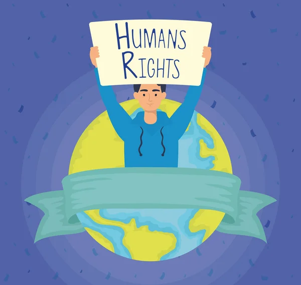 Νεαρός άνδρας με ετικέτα ανθρωπίνων δικαιωμάτων και παγκόσμιο πλανήτη — Διανυσματικό Αρχείο