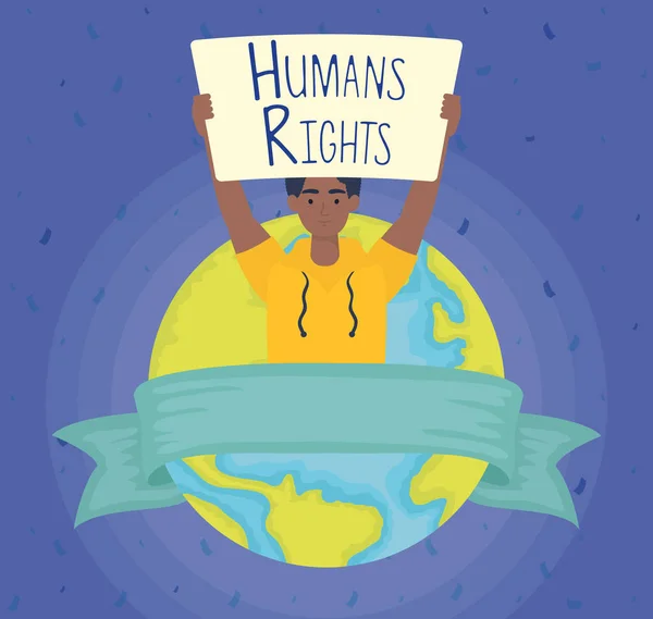 Afro hombre con etiqueta de derechos humanos y planeta mundial — Vector de stock