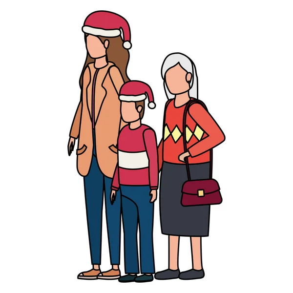 Grand-mère avec fille et petit-fils en utilisant le chapeau de Noël — Image vectorielle