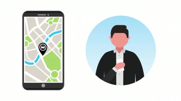 Hombre de negocios usando smartphone con aplicación de transporte — Vídeos de Stock