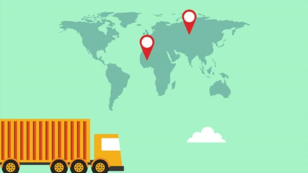 Servicio logístico con camión y mapas del mundo — Vídeos de Stock