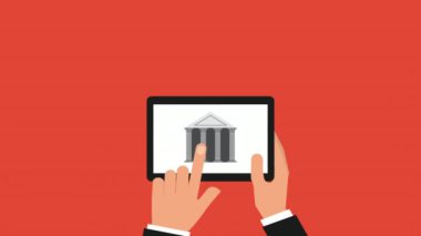 Banka binası ile tablet kullanan işadamı