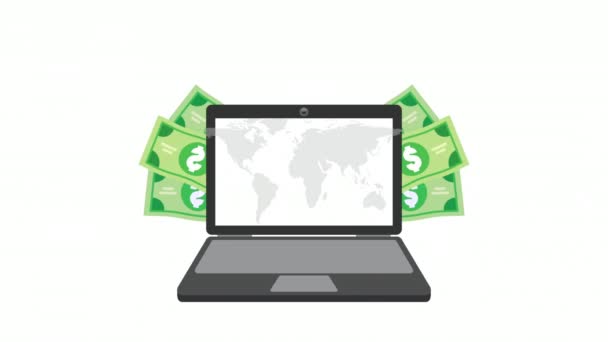 Gospodarka i finanse laptop i pieniądze dolary — Wideo stockowe