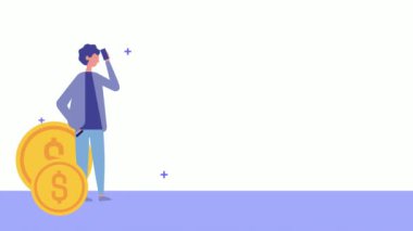 Akıllı telefon ve bozuk para kullanan genç adam.