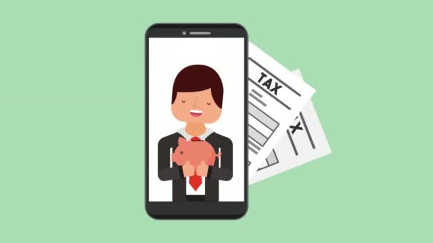 Hombre de negocios en smartphone con recibo de impuestos — Vídeos de Stock