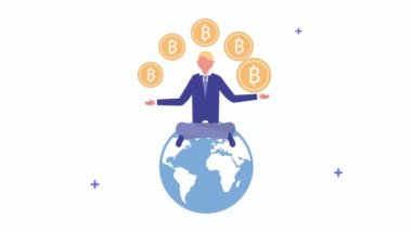 Dünya karakterinde bitcoin olan genç bir adam.