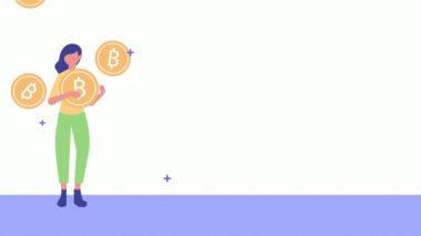 Bitcoin yağmuru olan genç bir kadın karakter