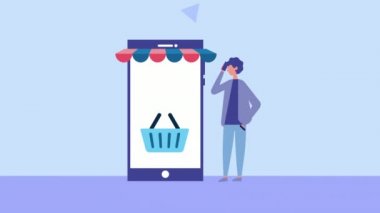 alışveriş sepeti ile akıllı telefon kullanan genç adam