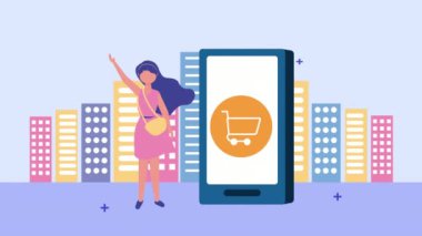ekommerce simgeleriyle akıllı telefon kullanan genç kadın