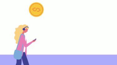 Paralı akıllı telefon kullanan genç bir kadın.