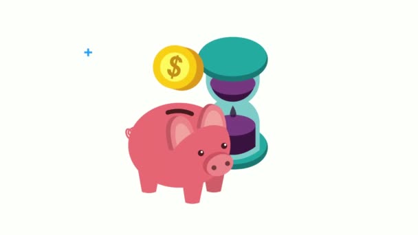 Economy and finances piggy savings ant hourglass — Stock Video