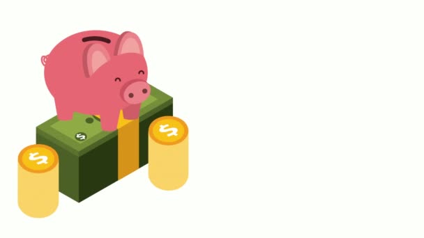 Економіка і фінанси свинячі заощадження і гроші — стокове відео