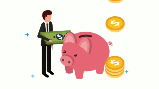 Hombre de negocios con ahorros y monedas de cerdo — Vídeos de Stock