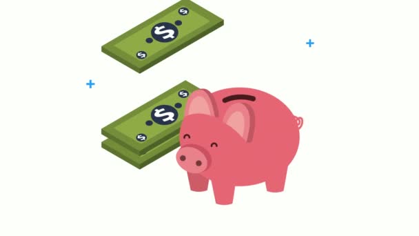 Economy and finances piggy savings and bills — Stock Video