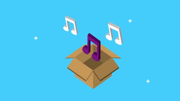Kotak karton dengan catatan musik — Stok Video
