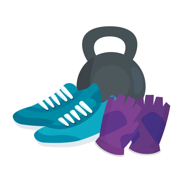 Dumbbell with shoes of sport and fingerless gloves — Stock Vector