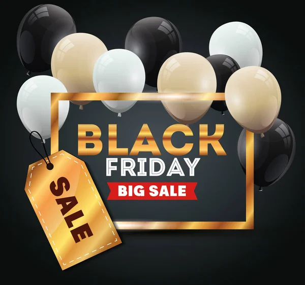 Černý pátek plakát s balónky helium dekorace — Stockový vektor