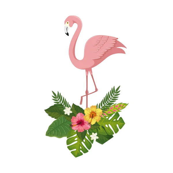 Flamingo roze dier met bloemen en bladeren — Stockvector