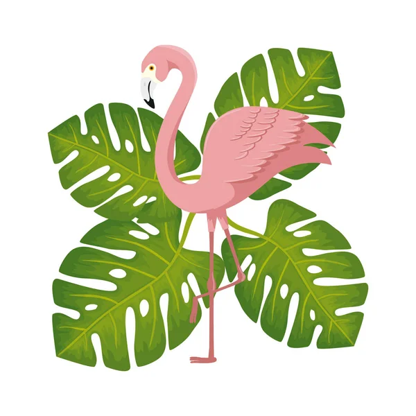 Flamant rose animal avec des feuilles nature — Image vectorielle