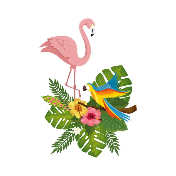 Фламінго рожевий з папугою з квітами і листям — стоковий вектор