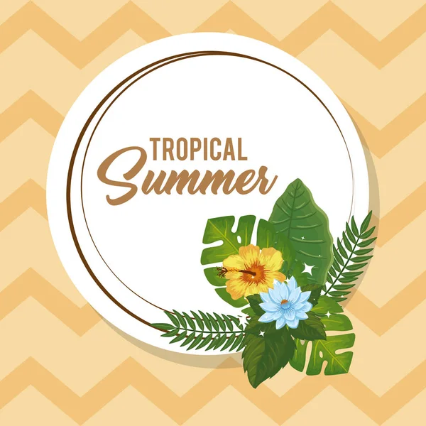 Tropikalny plakat letni z kwiatami i liśćmi — Wektor stockowy