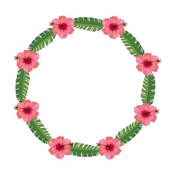 Frame rond van bloemen met bladeren geïsoleerd pictogram — Stockvector