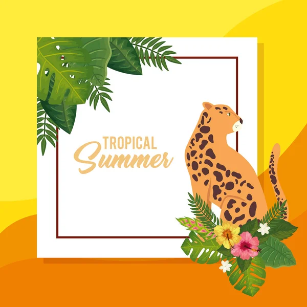 Cartel de verano tropical con leopardo y hojas — Vector de stock