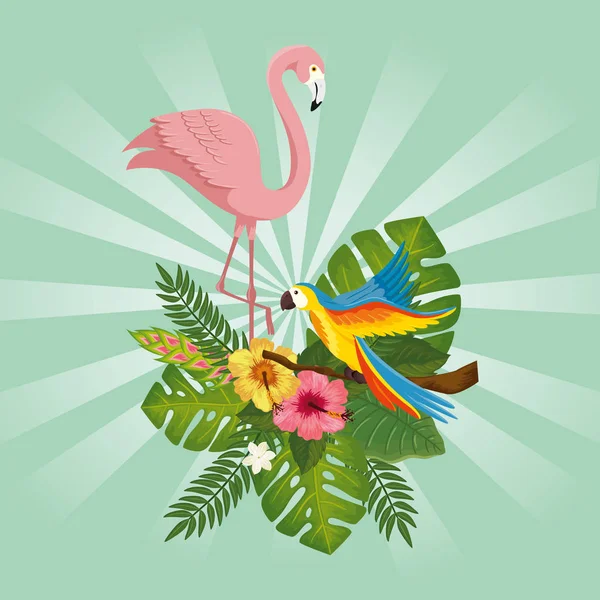 Flamingo roze met papegaai met bloemen en bladeren — Stockvector