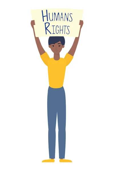 Afro joven con carácter de etiqueta de derechos humanos — Vector de stock