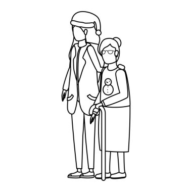 Noel şapkası takan tatlı bir büyükanne ve kızı var.