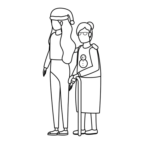 Mignon grand-mère avec fille en utilisant chapeau de Noël — Image vectorielle