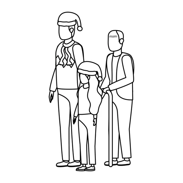 귀여운 할아버지와 어린 아들 과 손녀가 크리스마스 모자를 쓰고 있는 모습 — 스톡 벡터