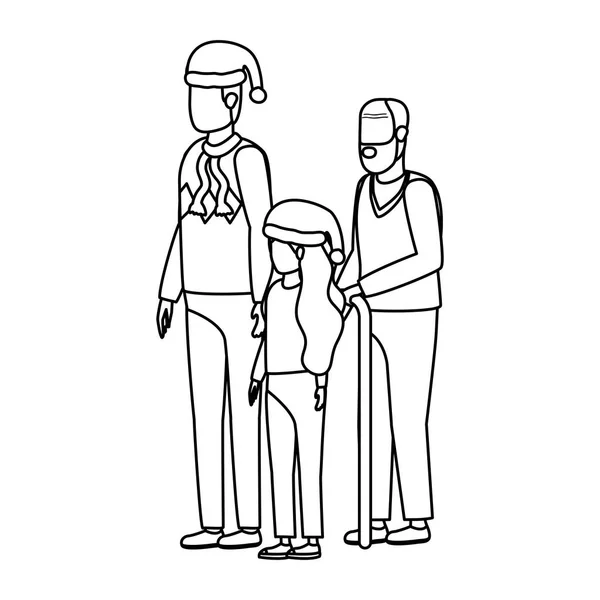 Mignon grand-père avec jeune fils et petite-fille en utilisant le chapeau de Noël — Image vectorielle
