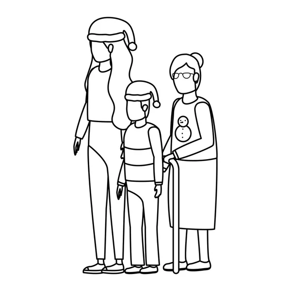 Grand-mère avec fille et petit-fils en utilisant le chapeau de Noël — Image vectorielle