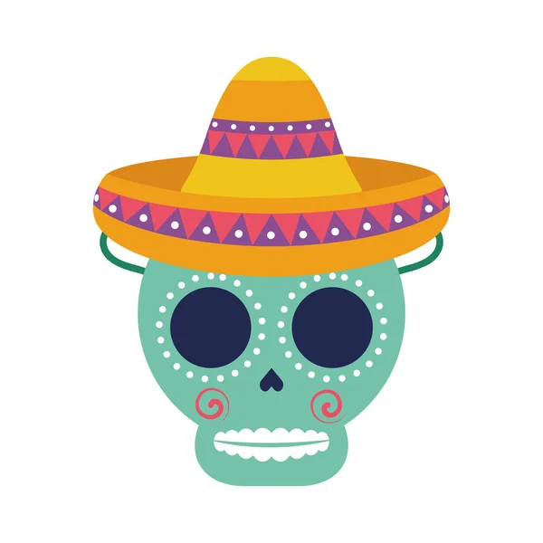 Schedel hoofd met traditionele Mexicaanse hoed — Stockvector