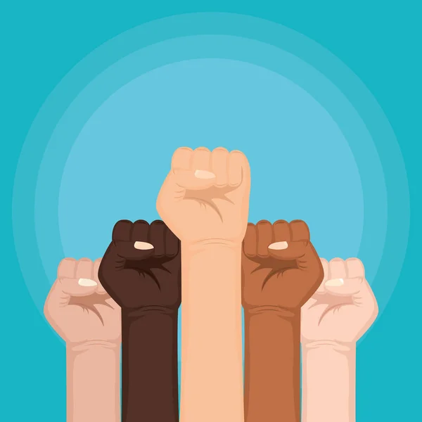 Interracial hands fist human rights fight — Stock Vector