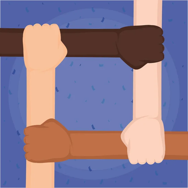 Interracial manos unido equipo iconos — Vector de stock