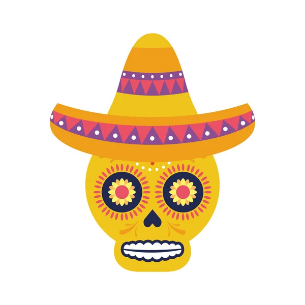 Schedel hoofd met traditionele Mexicaanse hoed — Stockvector